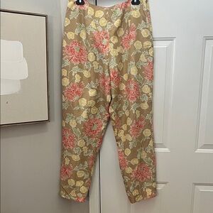 Worthington Silk/Cotton Tan Pants with Peach and Yellow Floral Design